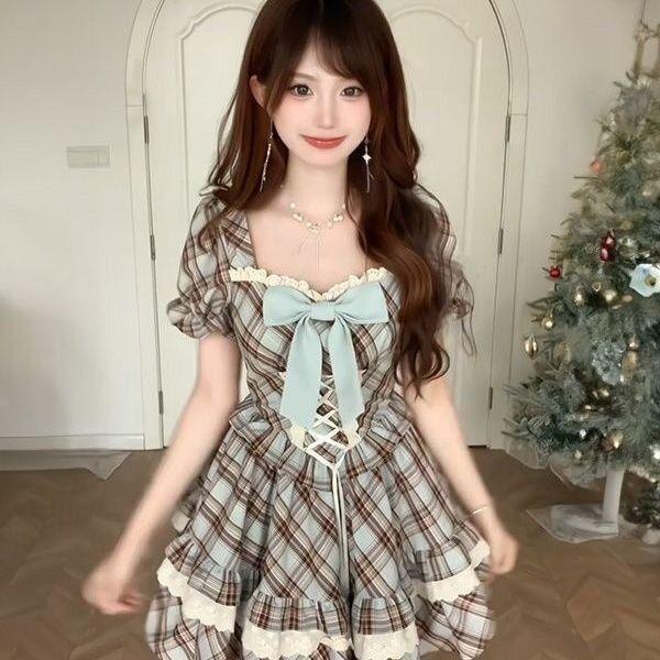Age-reducing retro plaid dress women s summer new lace strap waist princess tutu dress small man looks tall S