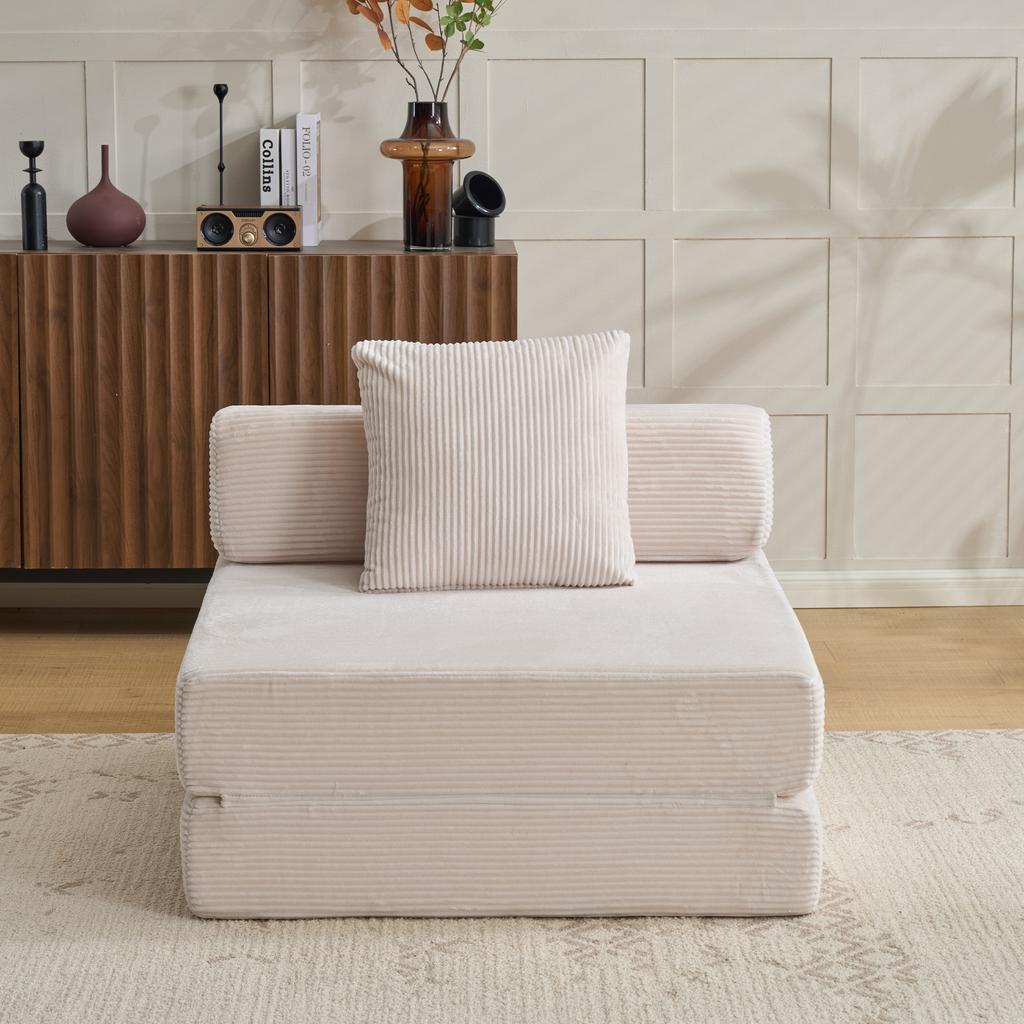 Floor Couch,Compression Sofa,Convertible Sofa Bed-with Pillow Back Support Armrest,Corduroy Fabric,for Living Room Bedroom,White