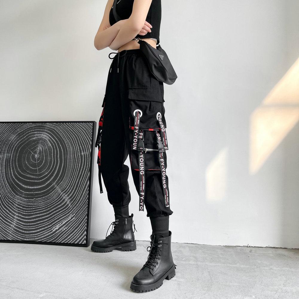 Dámske neformálne nohavice v kórejskom štýle Streetwear Stuhy Tepláky Do členkov Voľné Hip Hop Cargo nohavice