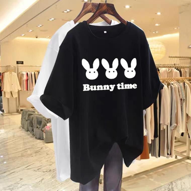 Medium and long short-sleeved t-shirt women's 2025 new rabbit print white loose and thin trendy short-sleeved top trendy