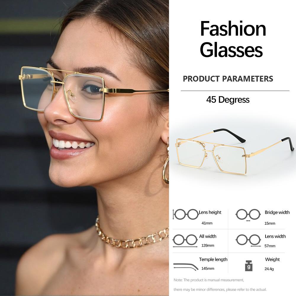 Vintage Square Double Bridge Sunglasses For Women With Golden Metal Frame And Chain Decoration Light Luxury Women Glasses