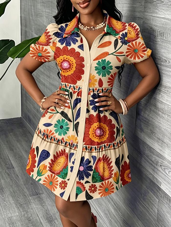 

Women s Boho Floral Print Shirt Dress, Casual Short Sleeve Button Down Tiered A-Line Mini Dress for Summer Vacation S оранжевый