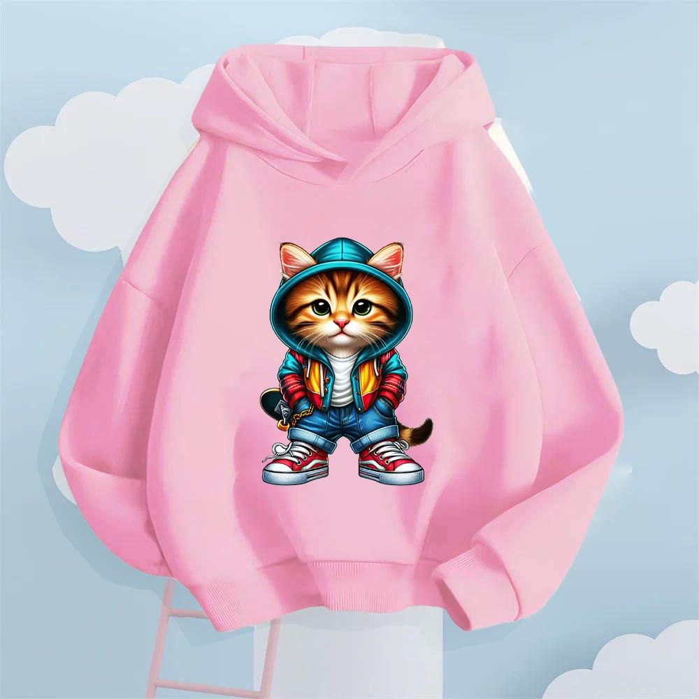 2025 Autumn/Winter Cool Skateboarding Cat Printed Children's Hoodie, Girls' Fashion Versatile Sportswear