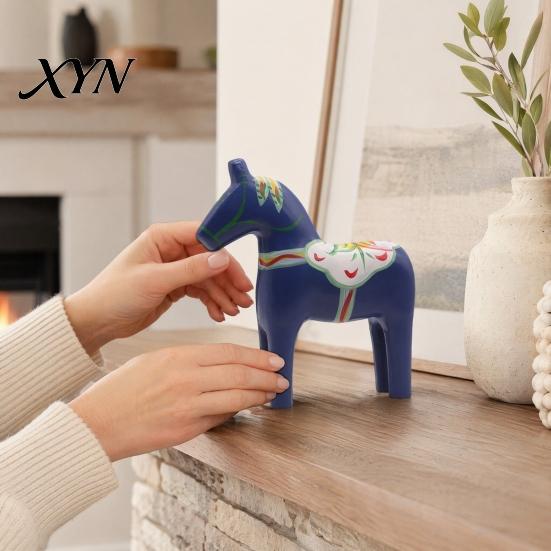 Nordic Home Decor Horse Hand Painted Dala Trojan Figurine, Solid Wood Traditional Swedish Statue, Rustic Decorative Tabletop Ornament for Farmhouse