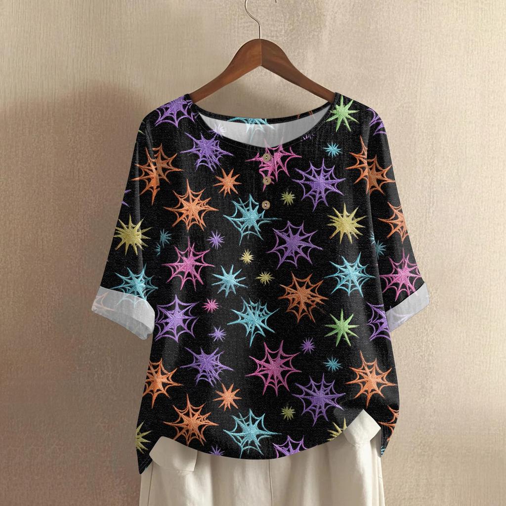 Damska codzienna bluzka z bawełny i lnu z nadrukiem Halloween z okrągłym dekoltem i rękawem 3/4