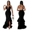 K10234 Women's Backless Maxi Dress V-Neck Ruffle Spaghetti Strap Party Gown