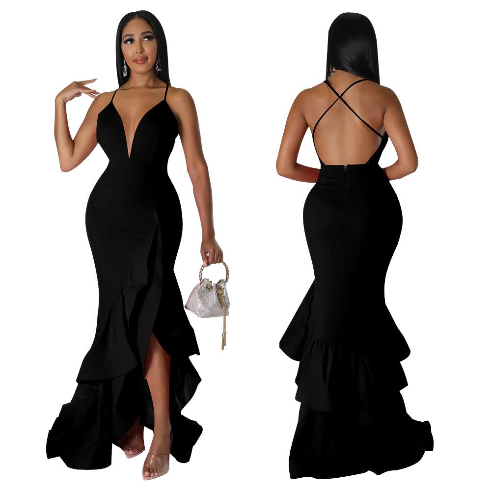 K10234 Women's Backless Maxi Dress V-Neck Ruffle Spaghetti Strap Party Gown