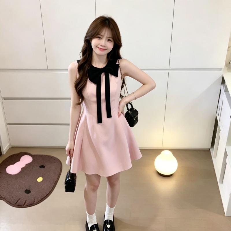 French Daughter Style Pink Dress Children's Sleeveless Neck Bow Short Skirt Princess Style Birthday Temperament Dress