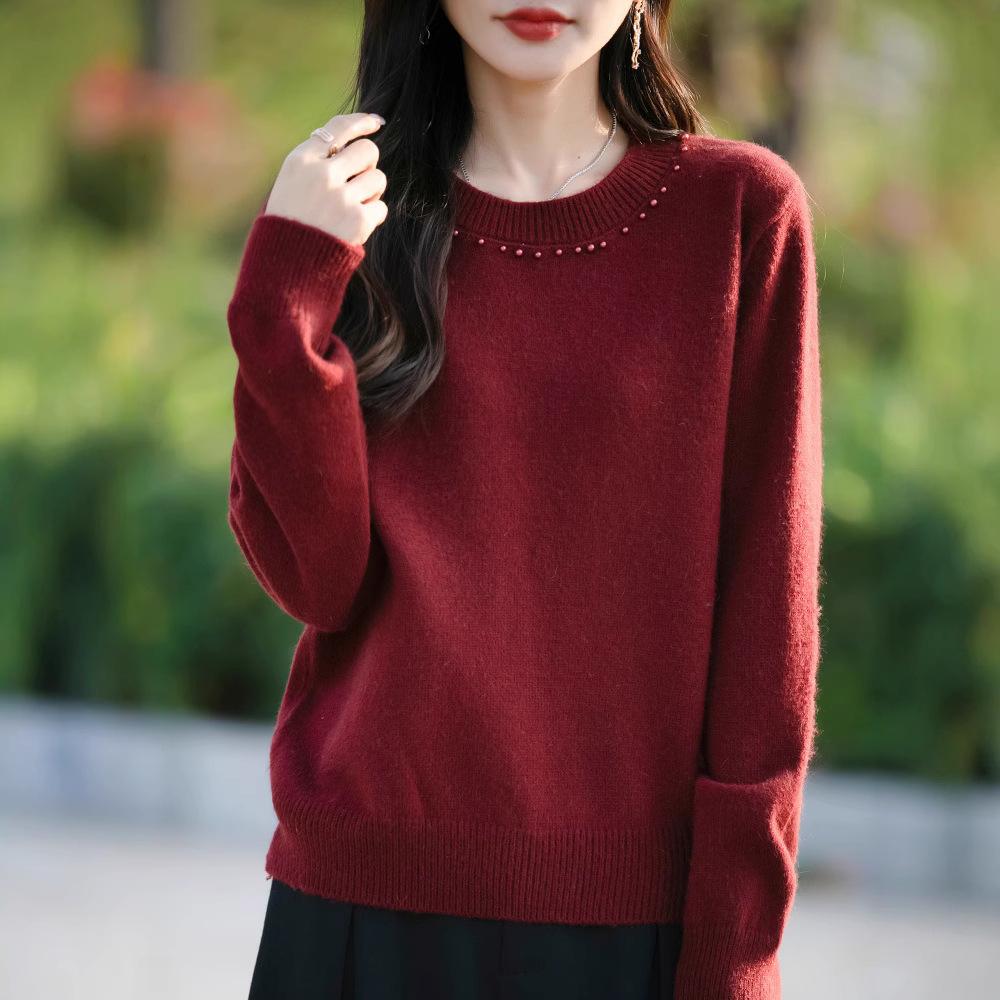 Dámský svetr s kulatým výstřihem z hrubé pleteniny, volný jednobarevný pulovr s dlouhým rukávem, základní vrstva na podzim a zimu