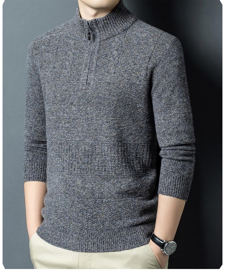 Herren-Strickpullover aus reiner Wolle, dick, für Herbst & Winter, mit halbem Reißverschluss