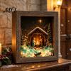 Wooden Landscape Ornament Christmas Snowy Night Light Picture Frame, Vintage Frame 3D Mini Lighted Shadow Box Lamp, Desktop Atmosphere Decor