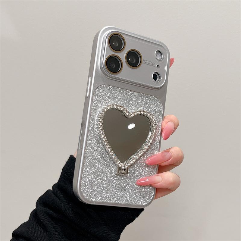 Glitter Heart Mirror Stand Case for iPhone 13/14/15/16/17 Pro Max