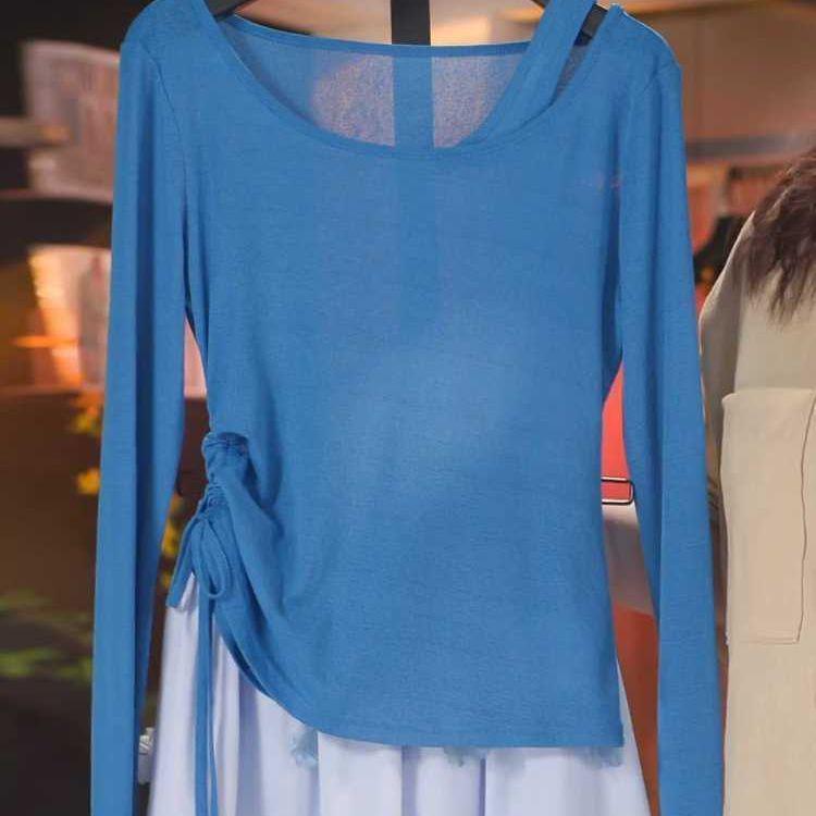 

Plus Size Off-the-Shoulder Long-Sleeve T-shirt with Drawstring Waist - 2025 Summer Slim Fit Sun Protection Cover-up M [80-100 lbs] синий