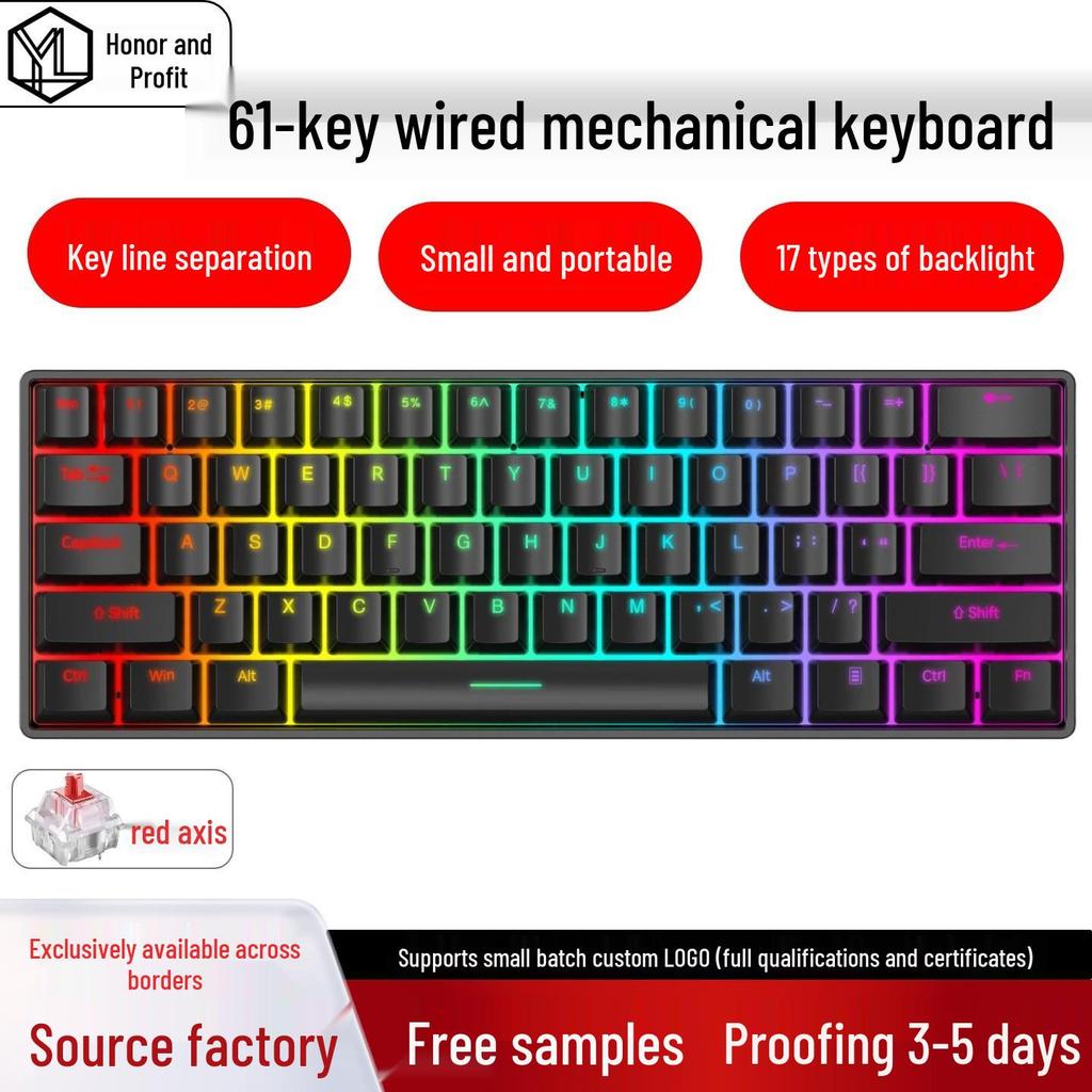 61-Key Wired Red Switch Mechanical Keyboard for Gaming and Office Use