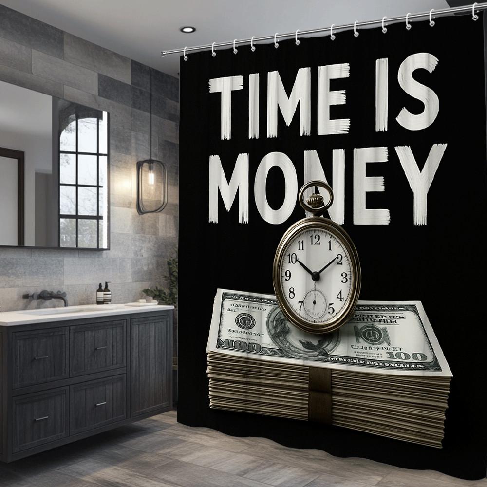 Time Is Money Shower Curtain Black Background Clock Stack Business Motivational Decor Waterproof Free Hooks Included Non-Toxic
