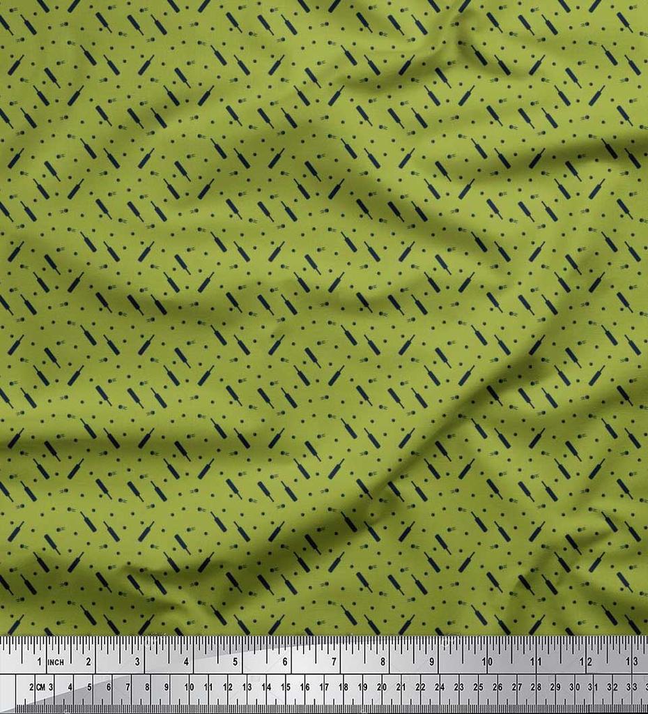Soimoi Japan Crepe Satin Fabric Cricket Bat & Ball Shirting Print Sewing Fabric metre 42 Inch