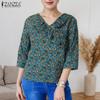 Women Casual V-Neck 3/4 Sleeve Loose Floral Print Blouse