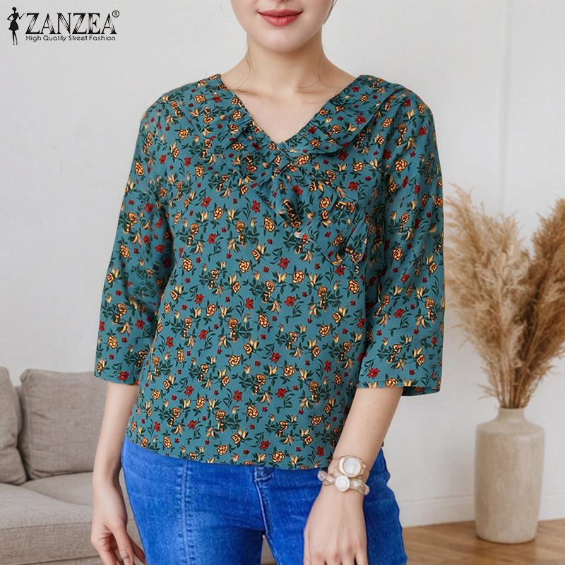 ZANZEA Women Casual V-Neck 3/4 Sleeve Loose Floral Print Blouse