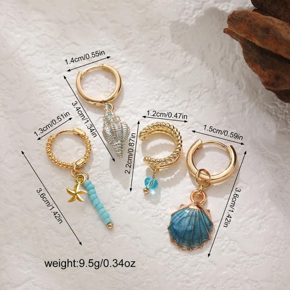 4PCS  Bohemian Ocean Style Starfish Pendant Beaded Ear Bone Clip Girls Shell Conch Earrings Set For Women