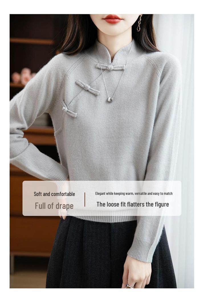 Women's Retro Chinese Style Stand Collar Wool Sweater with Frog Buttons
