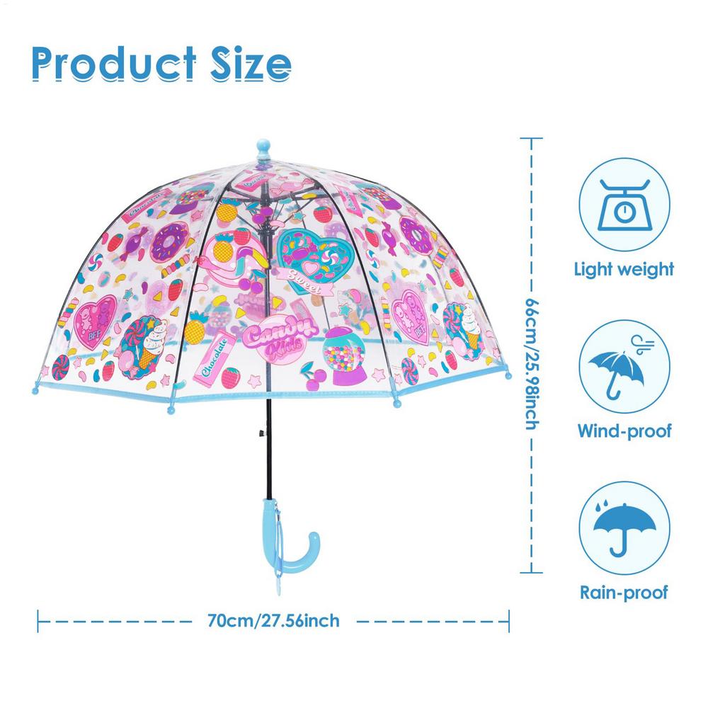 Clear Kids Umbrella Transparent Dome Windproof Safety Round Tip Easy Grip Hook Handle for Toddler Boys Girls Rainy Walking Play