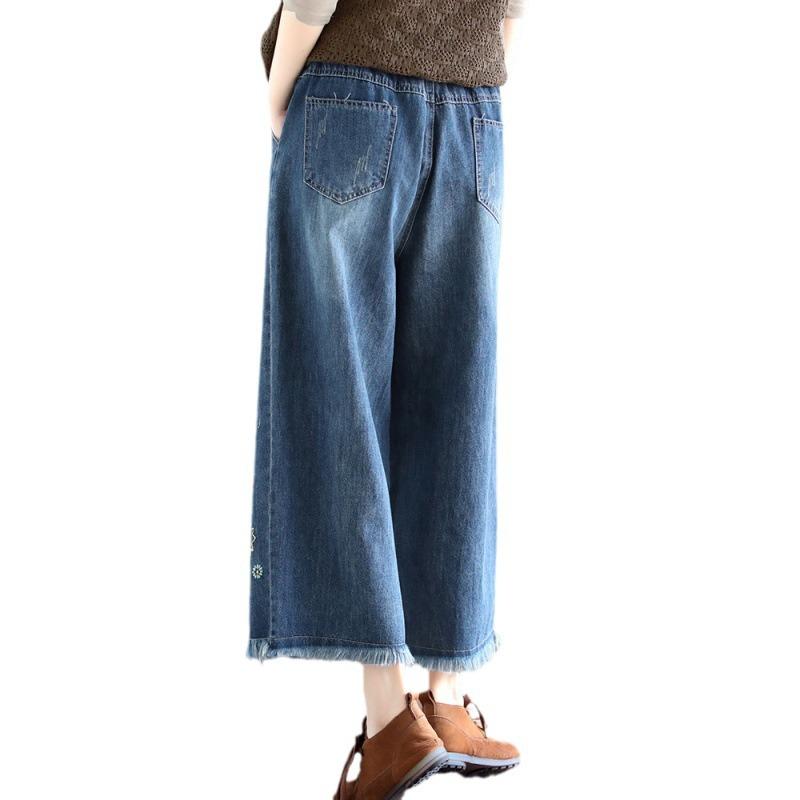 Retro Ethnic Style High-waist Embroidered Jeans Women's Spring and Autumn Loose Wide-leg Pants