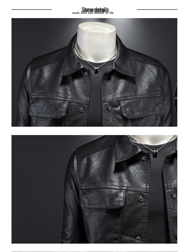 Men's Slim-Fit Turn-Down Collar Leather Motorcycle Jacket - Trendy Casual Outerwear