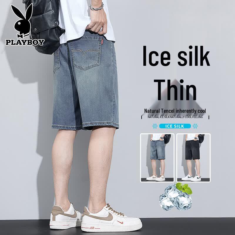 PLAYBOY Men s Tencel Blend Ice Silk Summer Straight-Leg Denim Shorts 33