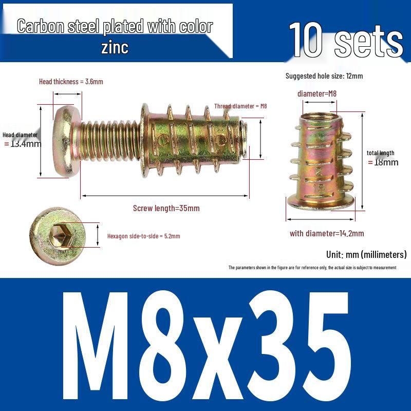 Flat Head Hex Socket Screws & Pre-embedded Nut Set for Wooden Bed Connectors