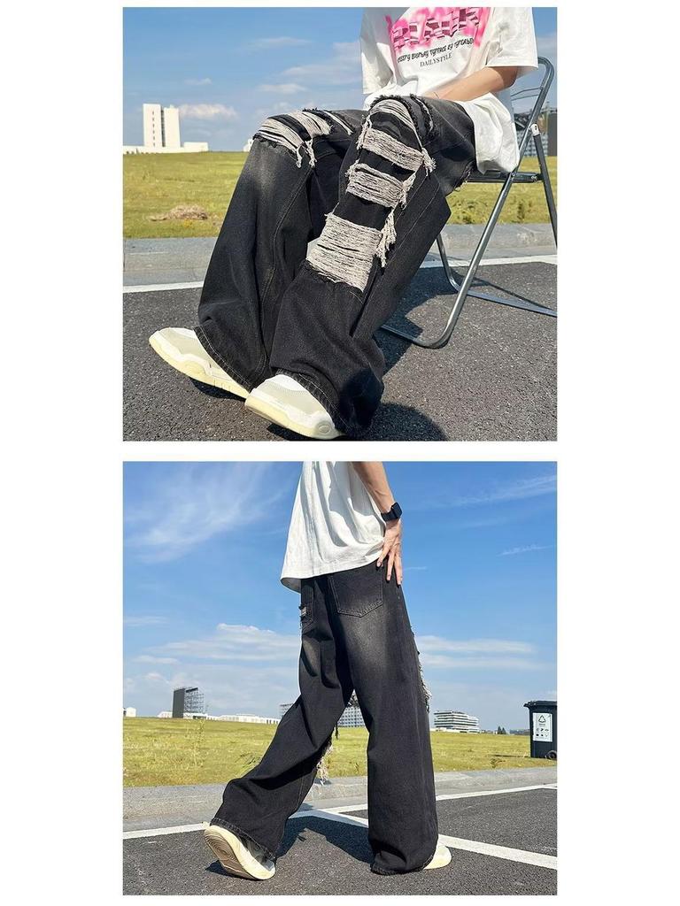 Men's Summer American Retro Ripped Wide-Leg Jeans - Washed, Distressed, Loose Fit, High Street Style.