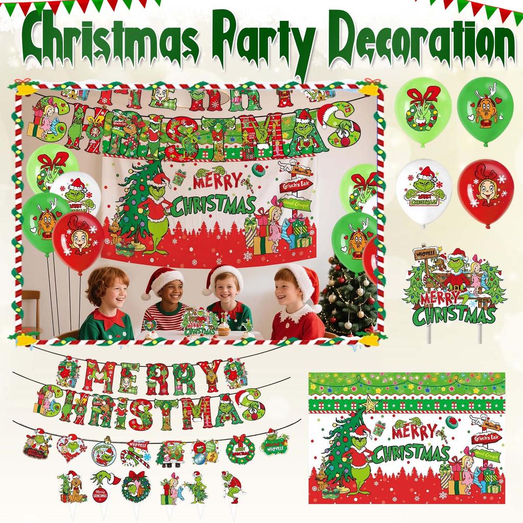 Weihnachtsparty Dekoration Set Banner Kuchenaufsätze Cupcake-Spieße Luftballons Feiertagsthema Partyzubehör für festliche saisonale Feiern