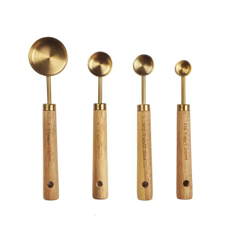 8-Piece Rose Gold Stainless Steel Measuring Cups & Spoons with Engraved Wooden Handles for Baking