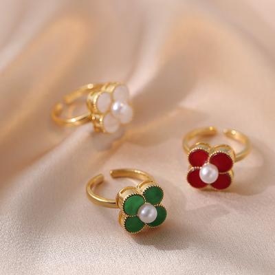 Light Luxury Mother-Of-Pearl Four-Leaf Clover Ring Flower Open Ring Women Niche Design Adjustable Ring