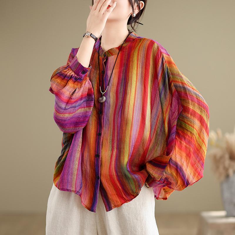 Spring Autumn New Round Neck Long Sleeve Fashion Shirt Women Casual Striped Patchwork Button Cardigan Elegant Cotton Hemp Tops