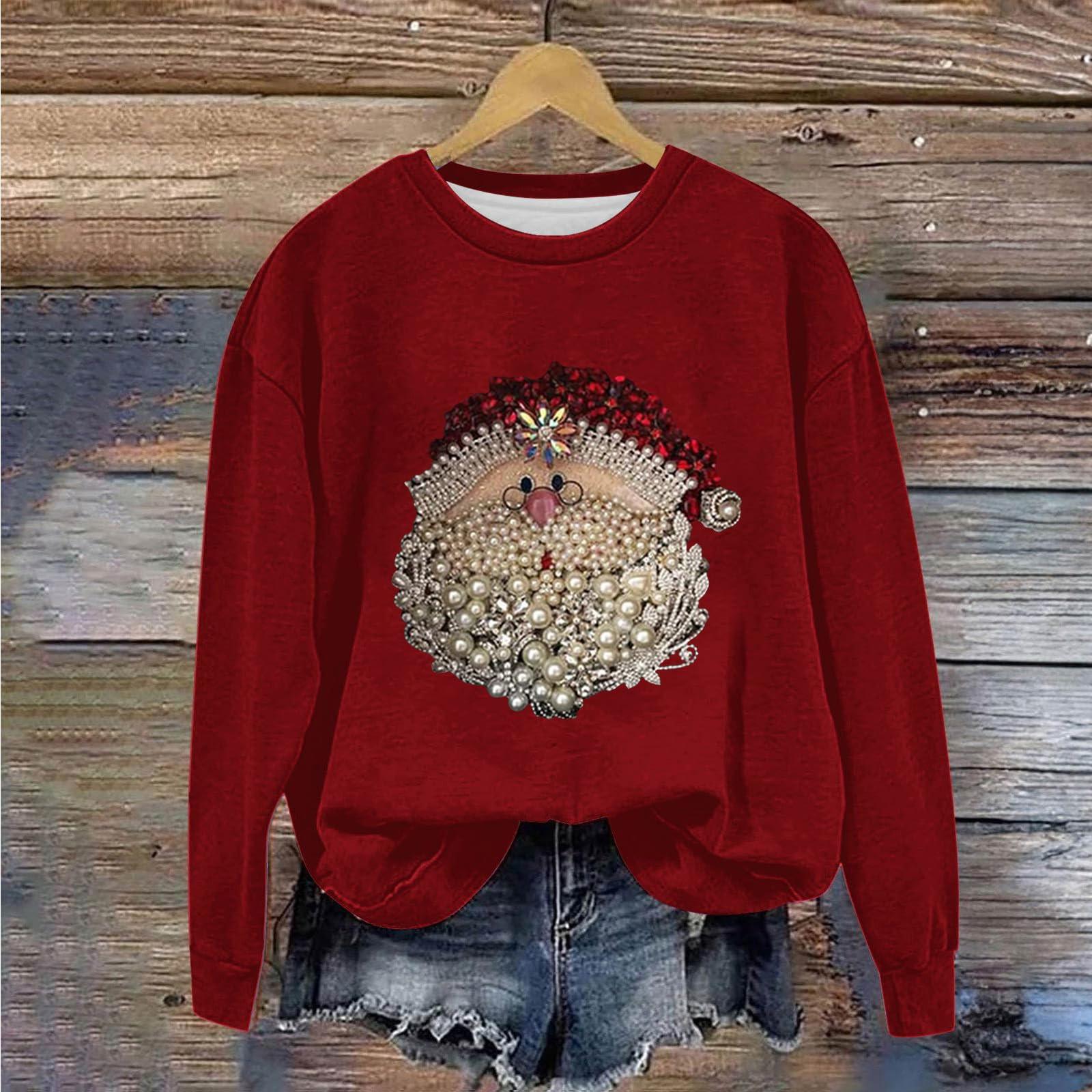 

Женская мода повседневная длинная рукава рождественский принт круглый вырез пуловер топ XL красный