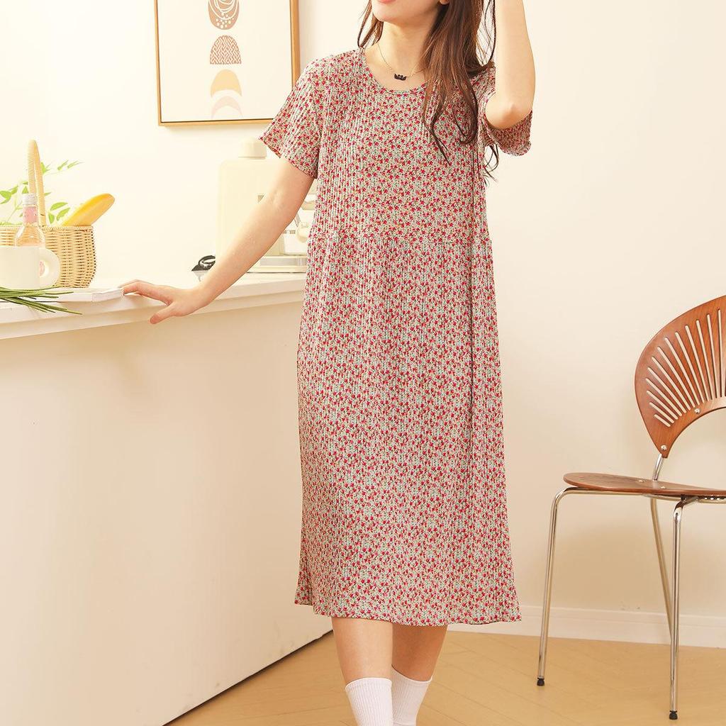 Summer Women Dress Small Flower Print Crew Neck Loose Short Sleeves Pleated Mid-calf Length Pullover Shopping Midi Dress