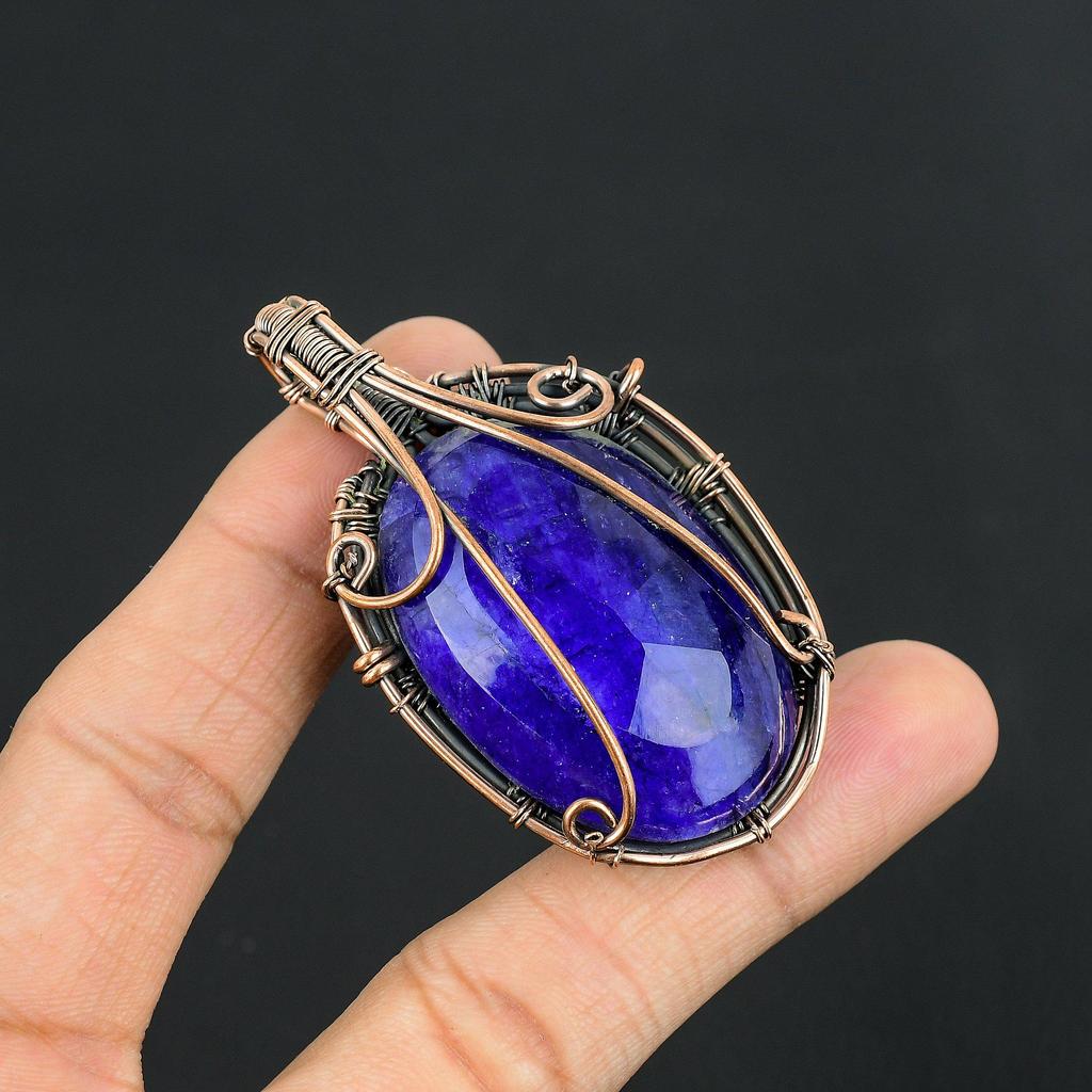 Blue Sapphire Pendant, Handmade Gemstone Pendant, 999 Copper Wire Wrapped Pendant Antique Jewelry, For Engagement Gift