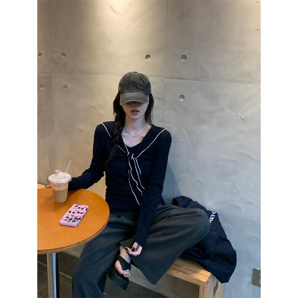 Navy Collar Short Top Women's Spring and Autumn New Long-sleeved Outer Design Shawl Niche Knitted Sweater