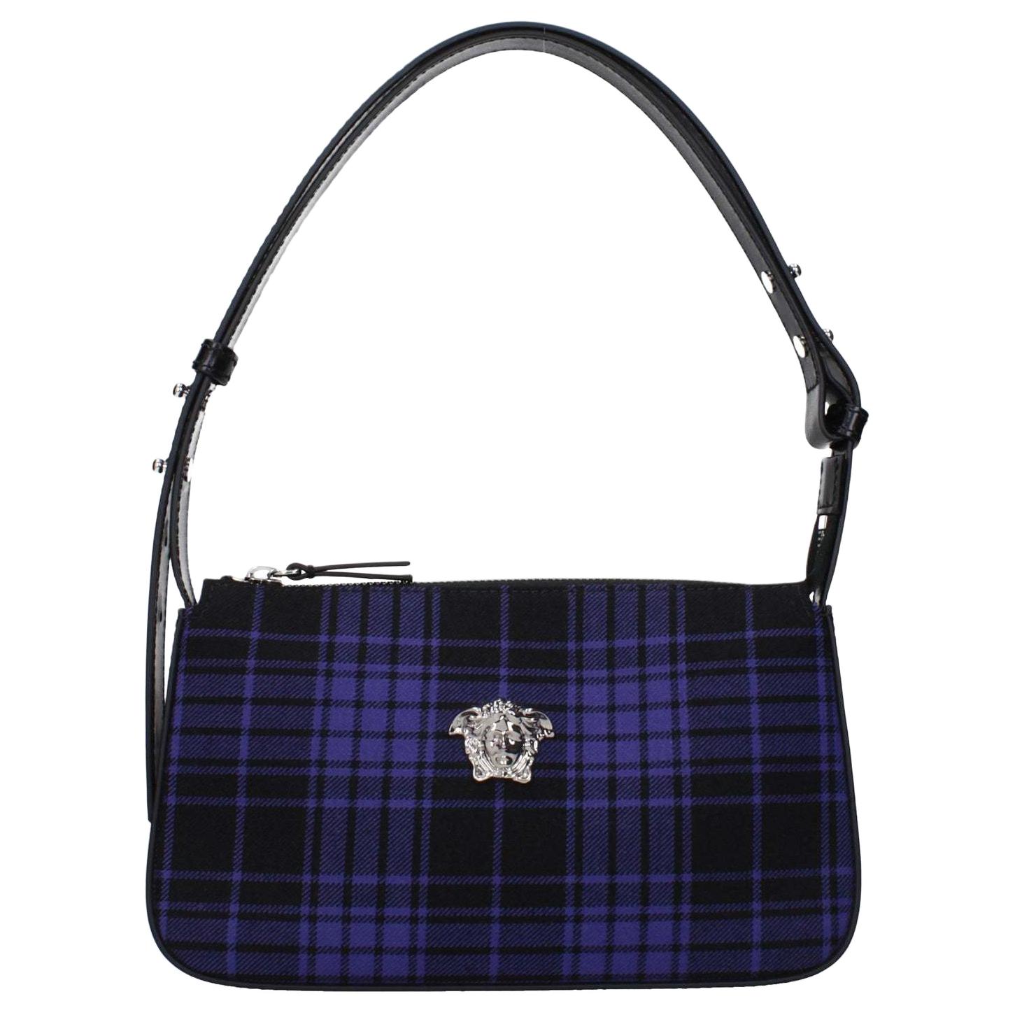 

Versace Brand Badge Plaid Pattern Logo Shoulder Tote Bag Women bags Blue Black 10142451A140042BH2PB Basic Set (Bag+Dust Bag)