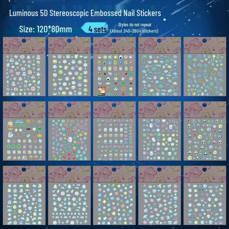 Glow-in-the-Dark 5D Embossed Nail Stickers for Girls - Waterproof, 3D Princess Design