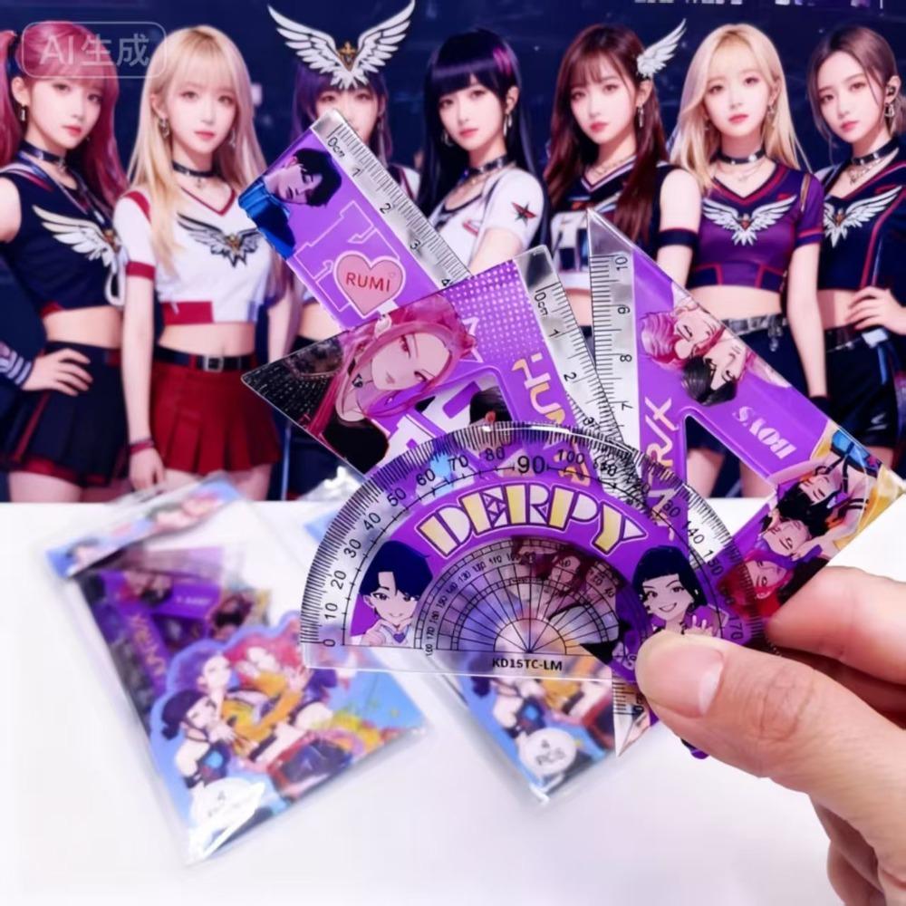 Kpop Demon Hunters Huntrix 4Pcs Plastic Ruler Math Set Includes 10cm 15cm Straight Protractor Triangle Geometry Measuring Tools