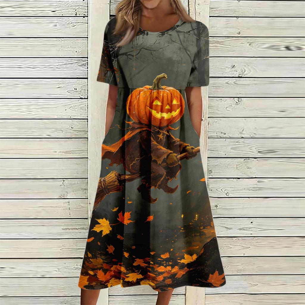Women's Casual Round Neck Dress with Pockets Halloween Print for Party and Everyday Wear