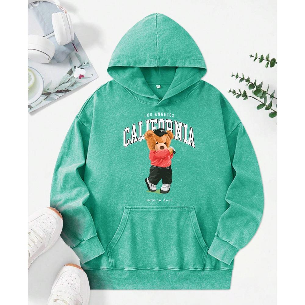 Bear Playing Golf Cute Cartoons Print Washed Hoody Women Cotton Pocket Hoodie Autumn O-Neck Streetwear Clothes