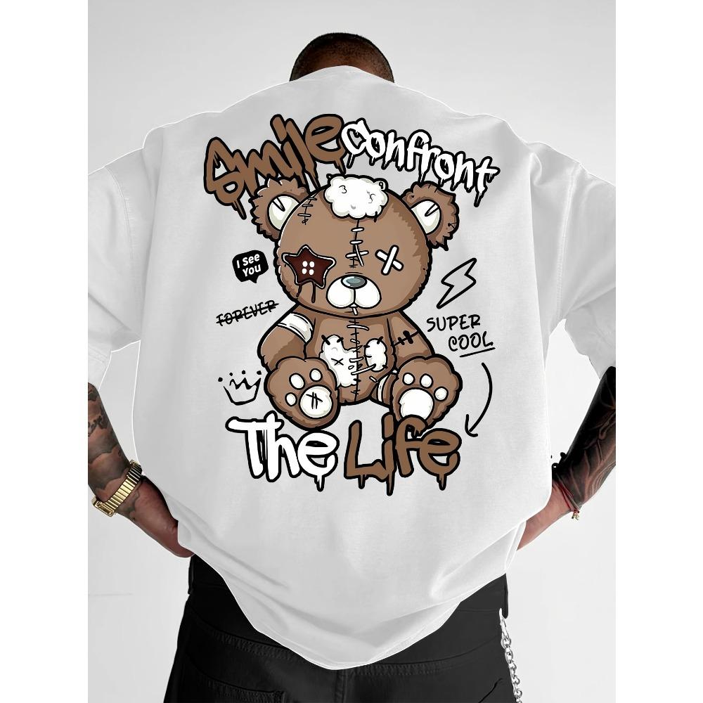 Summer New Men s Fashion Style Teddy Bear Letter Print Comfortable and Breathable Round Neck T-shirt Outdoor High Street Top S