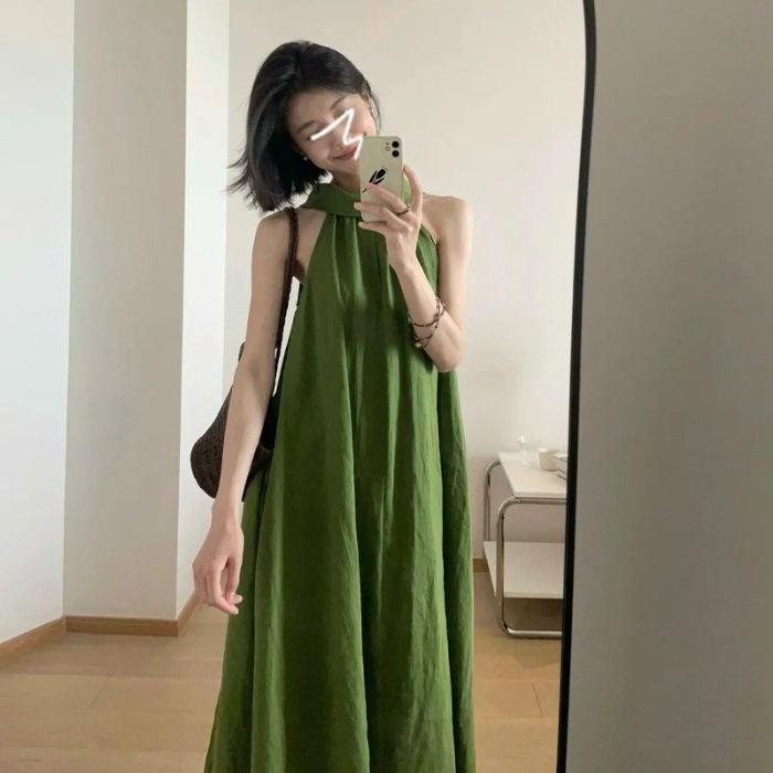 

French neck temperament retro sleeveless neck dress women s summer new holiday style loose A-shaped dress long dress XL зелений