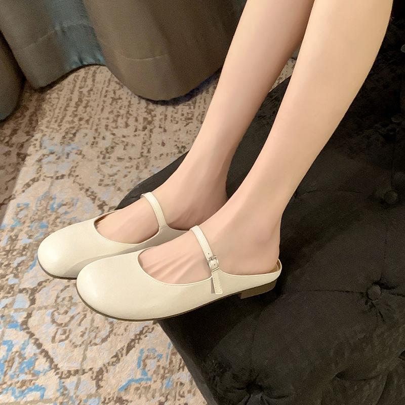 6.18 Leather Flat Shoes Bag Head Mary Jane Cool Flat Heel Drag Silver Slippers Women's Shoes Breathable Outside Summer