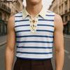 INCERUN Men Lapel Collar Sleeveless Stitching Striped Casual Loose Tank Tops