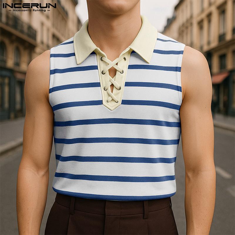 INCERUN Men Lapel Collar Sleeveless Stitching Striped Casual Loose Tank Tops