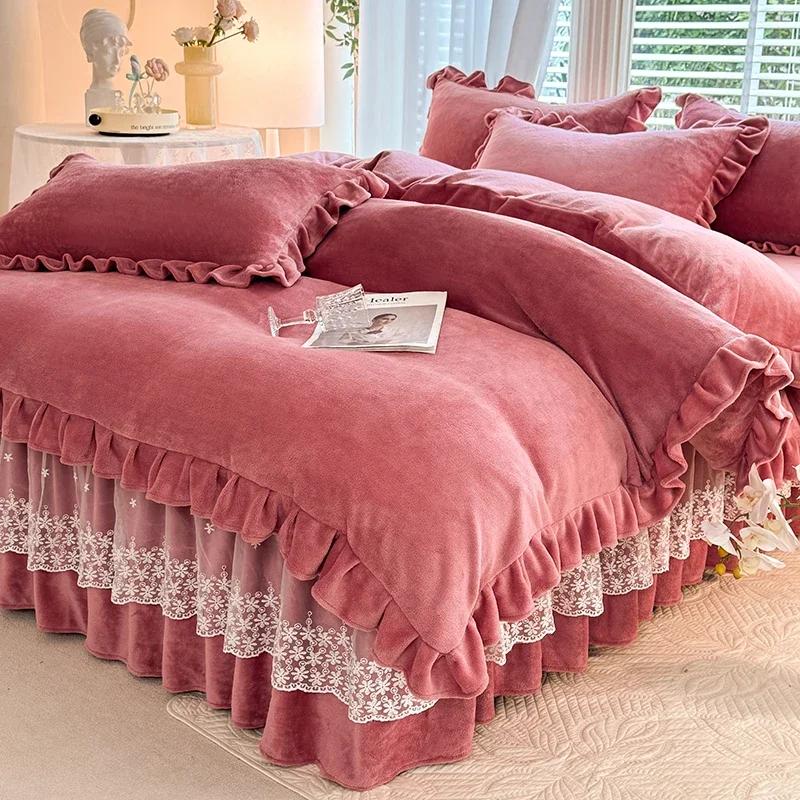 2024 hot solid color Korean version lace bed skirt kit flannel quilt cover thickened warm four-piece set