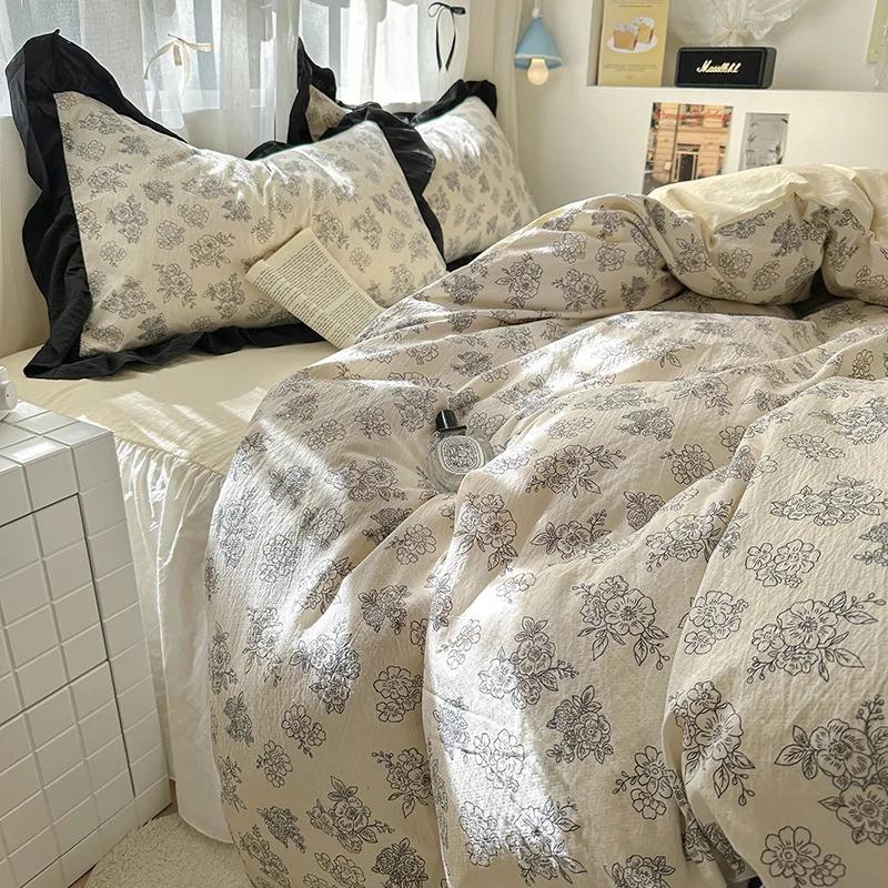 1.5/1.8 Korean Style 100% Cotton Fitted Sheet Sets with Lace Flower Print Bedding Set for Seasons Home Bedclothes for Adult Kids